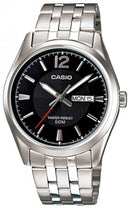 Casio mtp-1335d-1a stainless steel watch with 50m water resistance, quartz movement, 40mm case, luminous hands, and calendar display, perfect for swimming and daily wear.