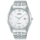 Lorus Classic RH987PX9 men's watch with silver-gray stainless steel strap and silk gray dial, quartz movement, analog display, and date function, perfect for casual wear.
