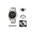 Casio mtp-1335d-1a stainless steel watch with 50m water resistance, quartz movement, 40mm case, luminous hands, and calendar display, perfect for swimming and daily wear.