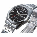 Casio mtp-1335d-1a stainless steel watch with 50m water resistance, quartz movement, 40mm case, luminous hands, and calendar display, perfect for swimming and daily wear.