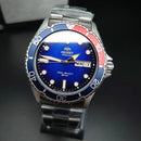 Orient New Kamasu RA-AA0812L automatic men's watch with blue Pepsi dial, 41.8mm stainless steel case, sapphire crystal, and 200m water resistance, perfect for sports and casual wear.