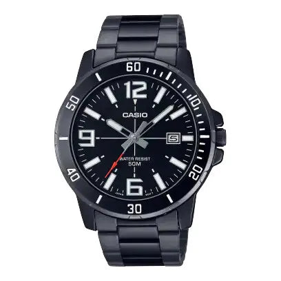 Casio sports watch mtp-vd01b-1b ion bath triple clasp black dial 45mm steel strap 3 hands