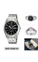 Casio mtp-1335d-1a stainless steel watch with 50m water resistance, quartz movement, 40mm case, luminous hands, and calendar display, perfect for swimming and daily wear.