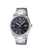 Casio MTP-1302D-1A1 Classic Men's Watch with Black Dial, Neon Display, and Stainless Steel Strap; features mineral glass, date indicator, and 5 bar water resistance, perfect for stylish everyday wear.
