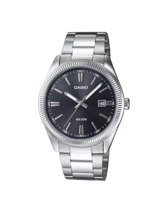 Casio MTP-1302D-1A1 Classic Men's Watch with Black Dial, Neon Display, and Stainless Steel Strap; features mineral glass, date indicator, and 5 bar water resistance, perfect for stylish everyday wear.