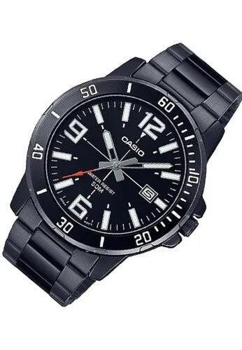 Casio sports watch mtp-vd01b-1b ion bath triple clasp black dial 45mm steel strap 3 hands