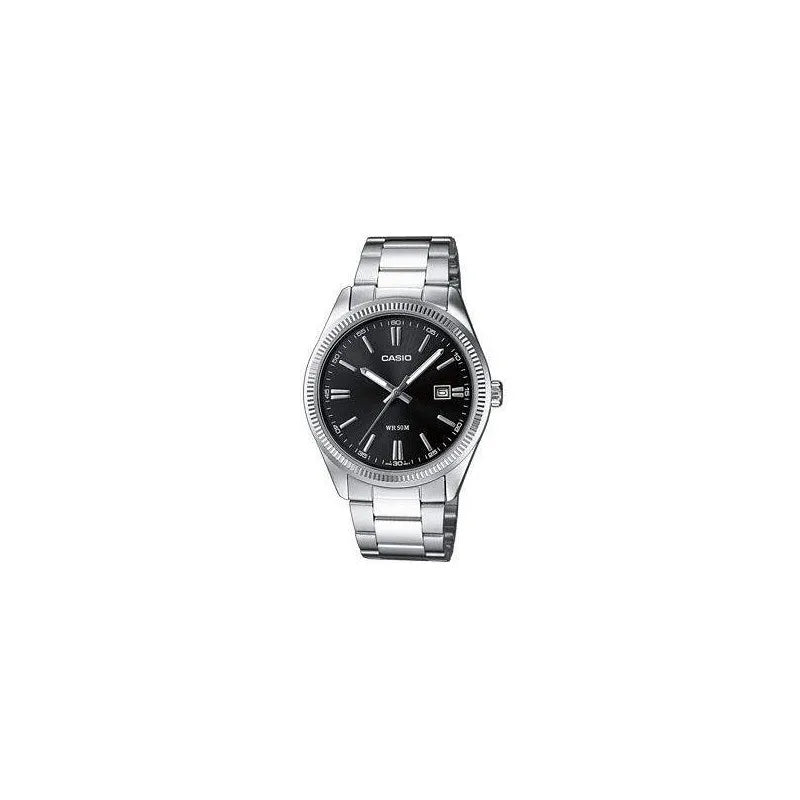 Casio MTP-1302D-1A1 Classic Men's Watch with Black Dial, Neon Display, and Stainless Steel Strap; features mineral glass, date indicator, and 5 bar water resistance, perfect for stylish everyday wear.