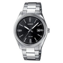 Casio MTP-1302D-1A1 Classic Men's Watch with Black Dial, Neon Display, and Stainless Steel Strap; features mineral glass, date indicator, and 5 bar water resistance, perfect for stylish everyday wear.