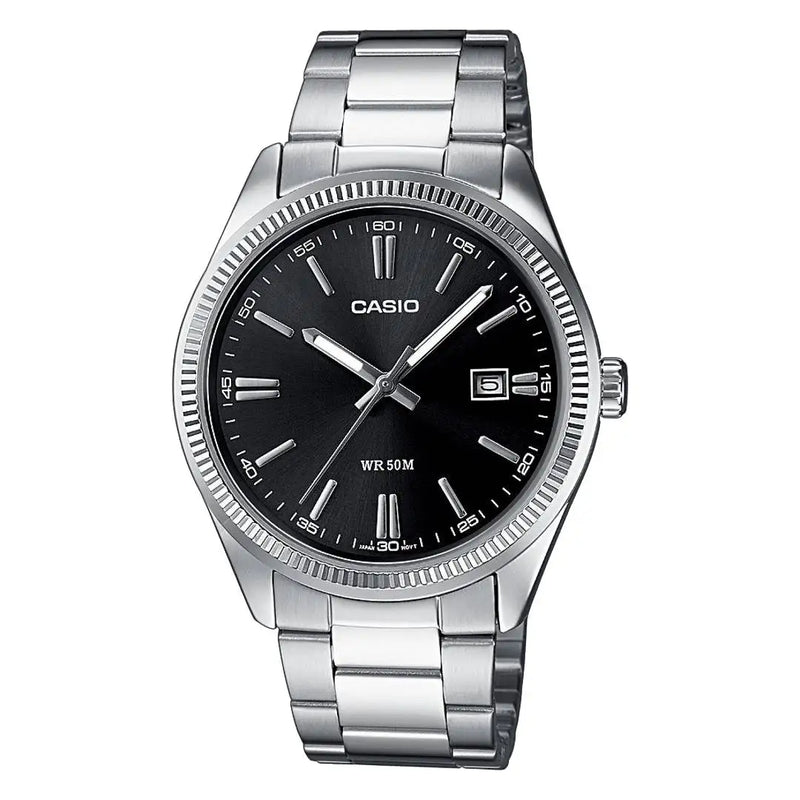 Casio MTP-1302D-1A1 Classic Men's Watch with Black Dial, Neon Display, and Stainless Steel Strap; features mineral glass, date indicator, and 5 bar water resistance, perfect for stylish everyday wear.