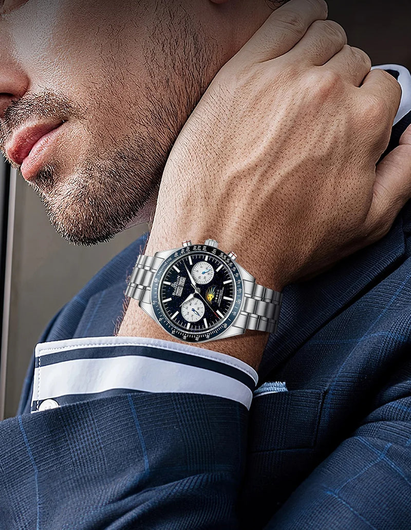 BAOFEILUN Moonwatch Style Men Automatic Watches 42mm Stainless Steel Galaxy Dial Sapphire crystal 5ATM Full Calendar Luxury Gift