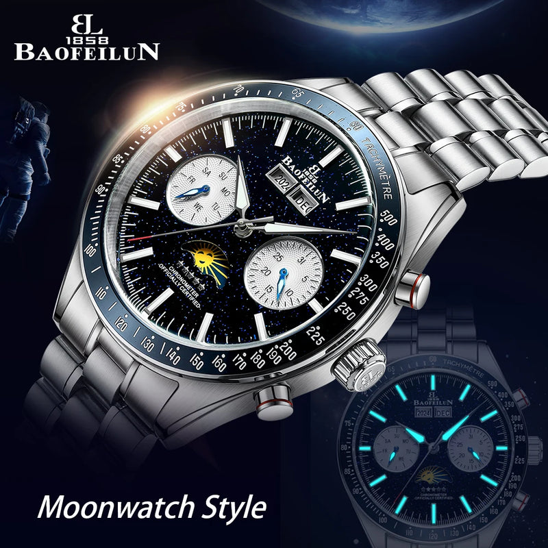 BAOFEILUN Moonwatch Style Men Automatic Watches 42mm Stainless Steel Galaxy Dial Sapphire crystal 5ATM Full Calendar Luxury Gift