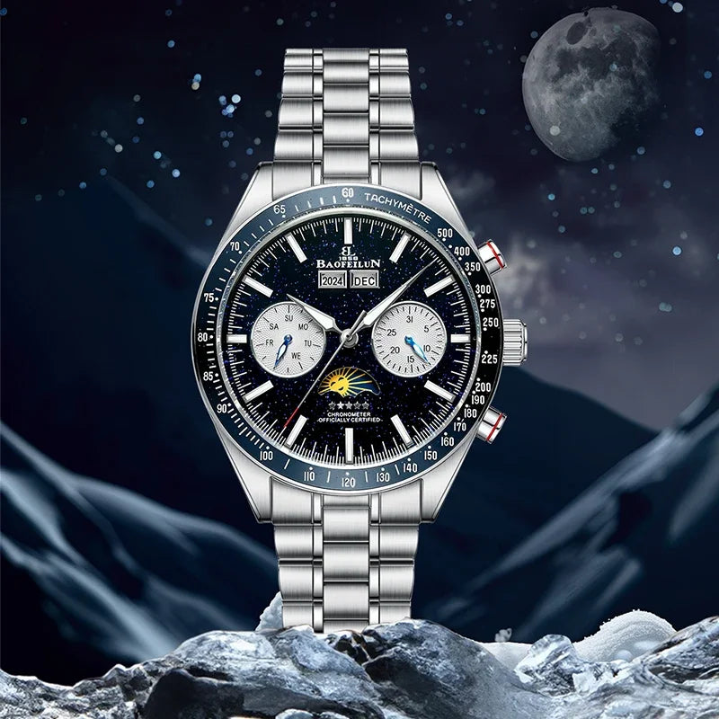 BAOFEILUN Moonwatch Style Men Automatic Watches 42mm Stainless Steel Galaxy Dial Sapphire crystal 5ATM Full Calendar Luxury Gift