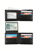 Stylish Cowhide Leather Bifold Wallet For Men - RFID Blocking & 2 ID Windows - Black