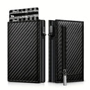 Men's Carbon Fiber Magnetic Card Clip Leather RFID Triple Fold Card with Zipper Wallet Pop Up Smart AirTag Wallet