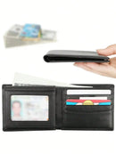 Stylish Cowhide Leather Bifold Wallet For Men - RFID Blocking & 2 ID Windows - Black