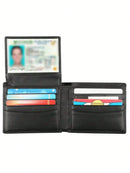 Stylish Cowhide Leather Bifold Wallet For Men - RFID Blocking & 2 ID Windows - Black