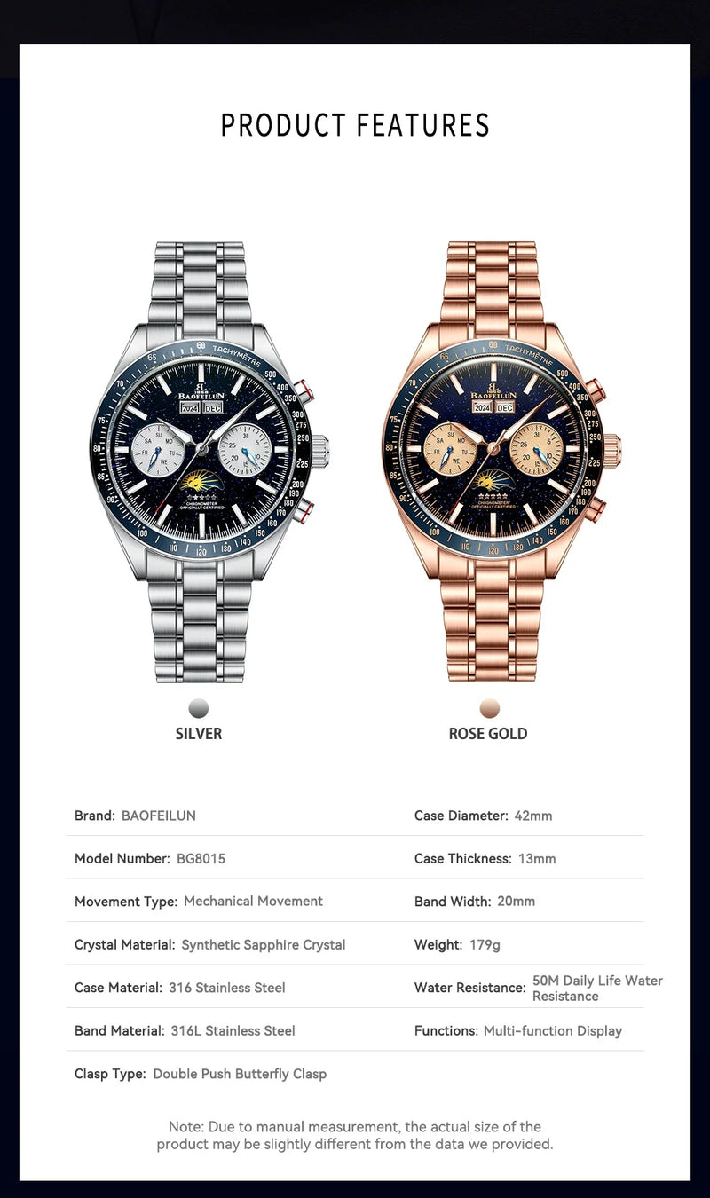 BAOFEILUN Moonwatch Style Men Automatic Watches 42mm Stainless Steel Galaxy Dial Sapphire crystal 5ATM Full Calendar Luxury Gift