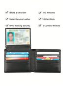 Stylish Cowhide Leather Bifold Wallet For Men - RFID Blocking & 2 ID Windows - Black