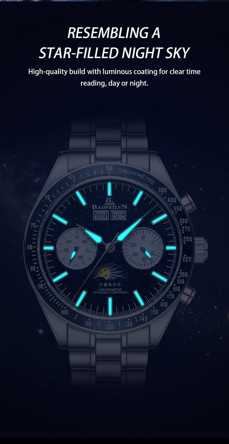 BAOFEILUN Moonwatch Style Men Automatic Watches 42mm Stainless Steel Galaxy Dial Sapphire crystal 5ATM Full Calendar Luxury Gift